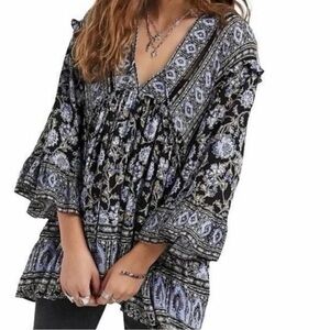 Free People Moonlight Dance Tunic Black & Blue Boho Peasant Blouse – Size S/P